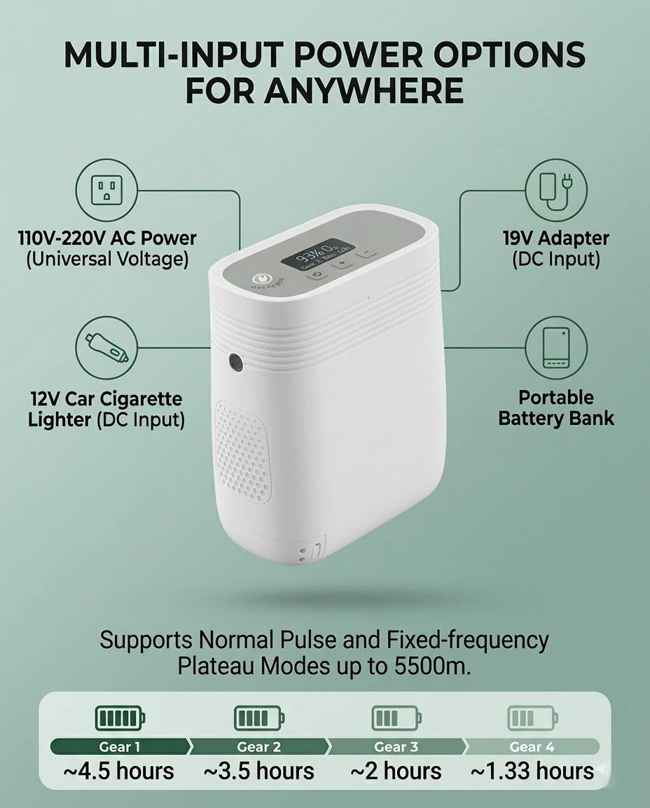 Oxygen Support With Car Charger (12V DC)  And AC Power Adapter
